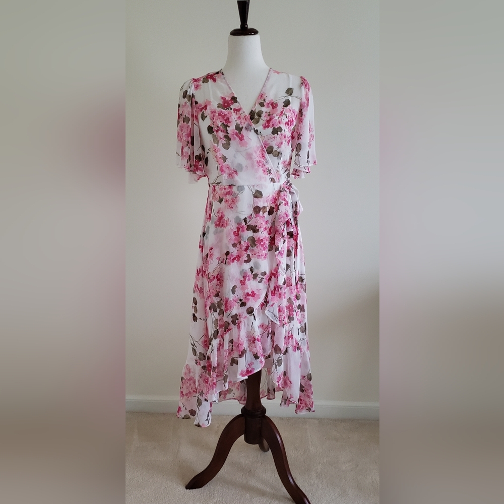 Calvin Klein high low ruffle midi dress